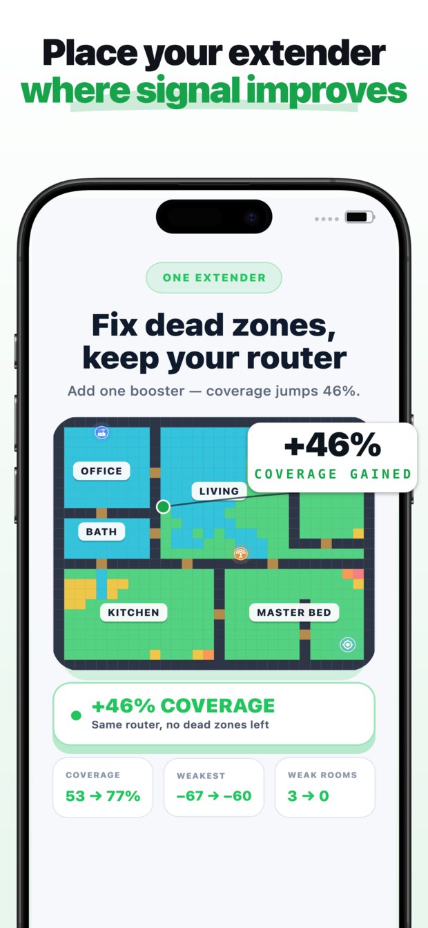 Extender placed on a floor plan, with coverage restored